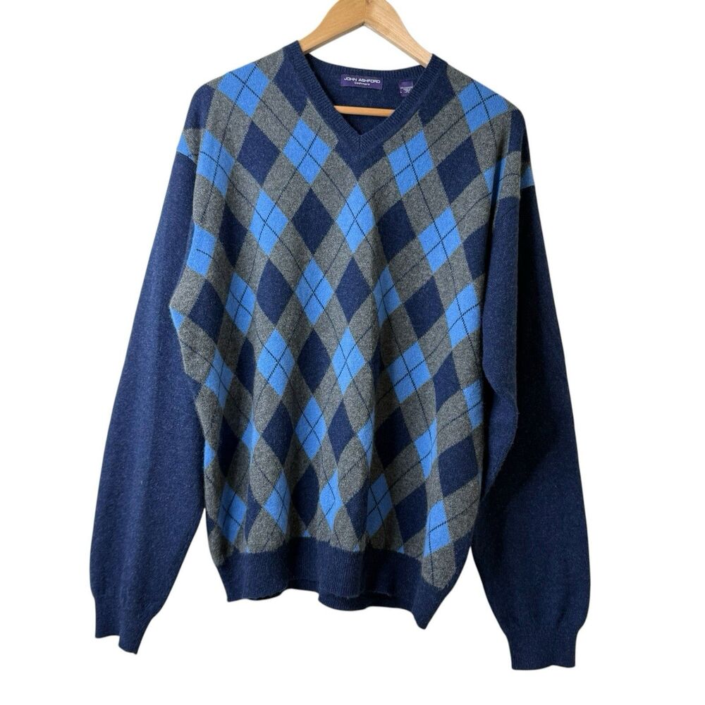 VTG John Ashford Cashmere Argyle V Neck Sweater Men's XL GrandpaCore Old Money